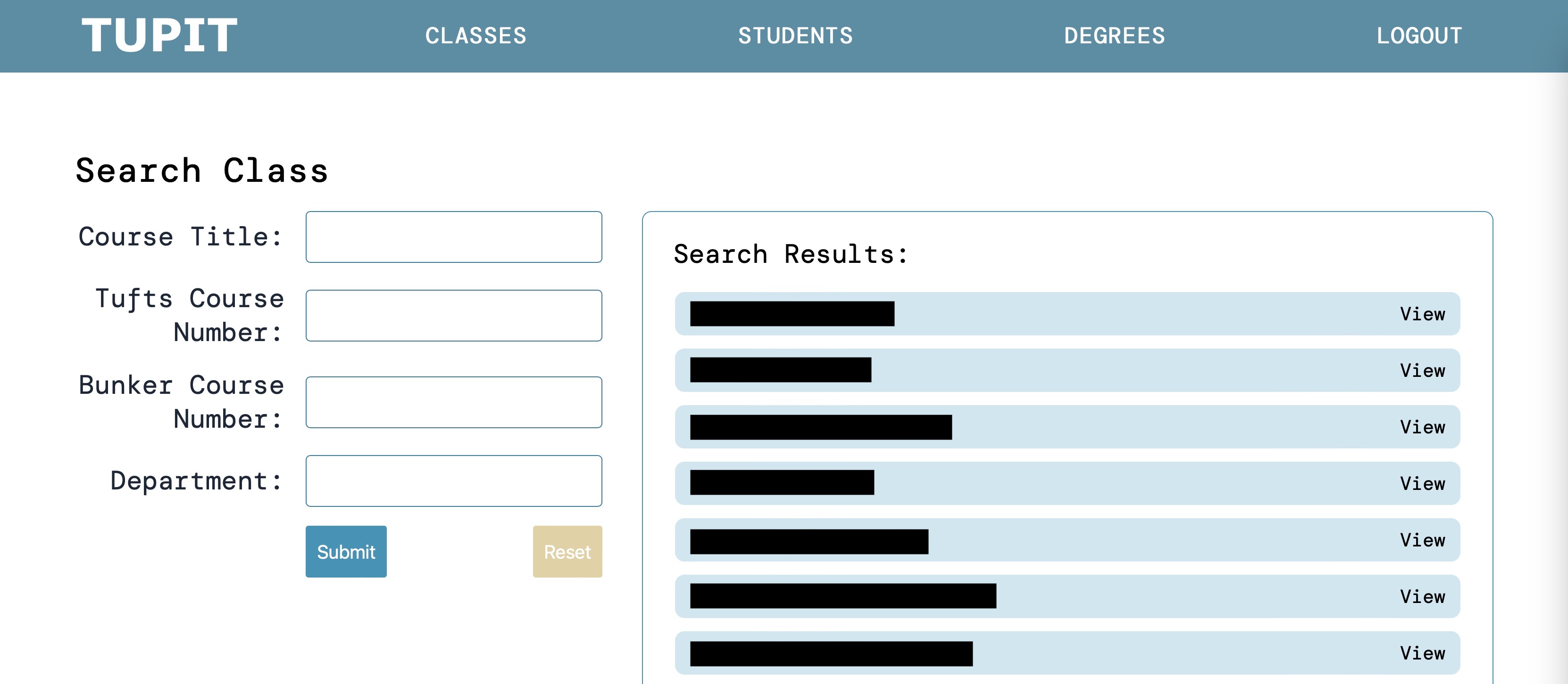 The TUPIT class search page